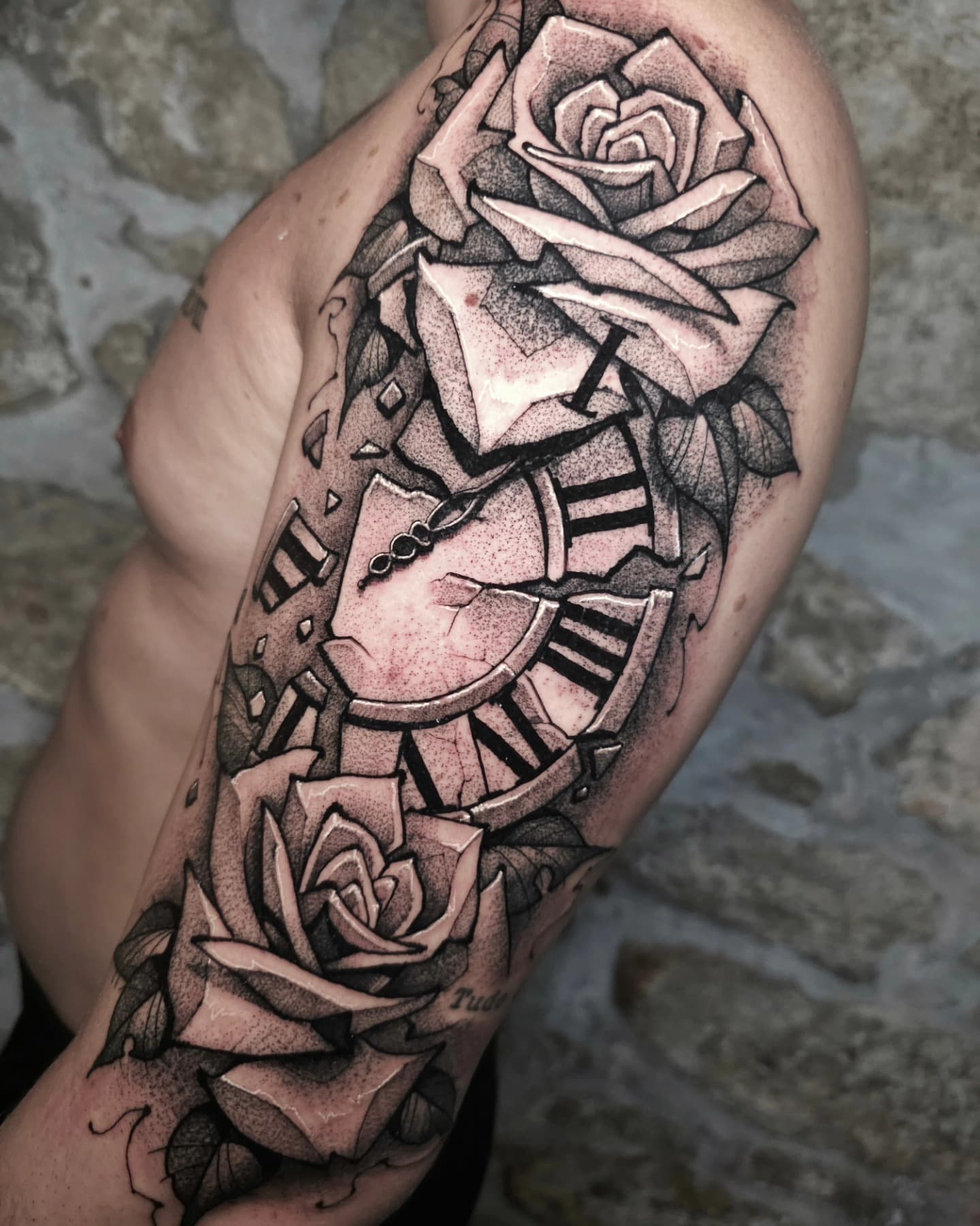 Clock and roses sleeve tattoo by Lex