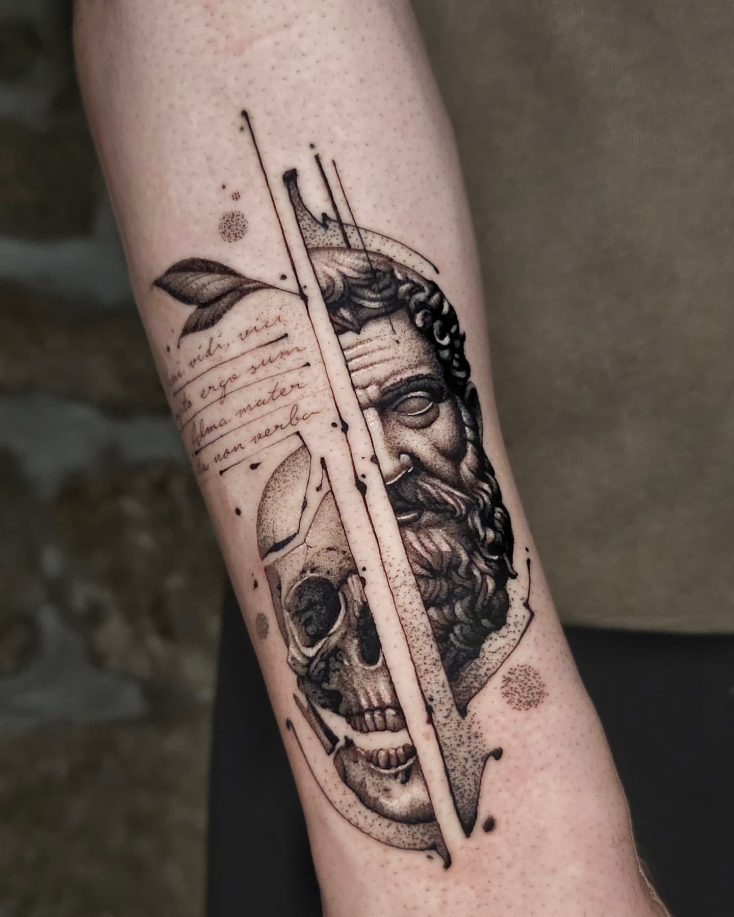 Blackwork Zeus and skull sleeve tattoo by Lex