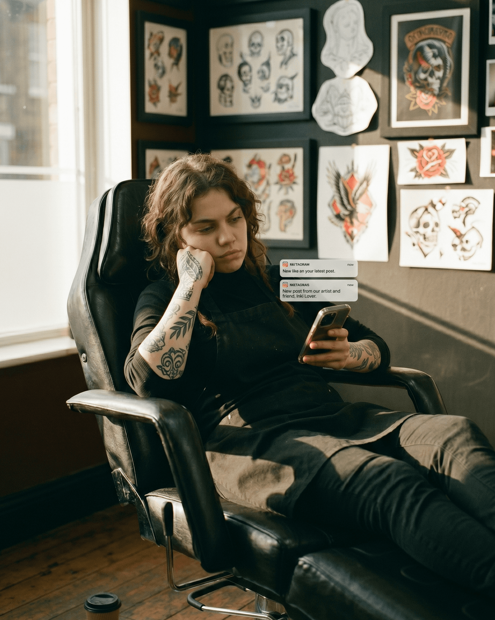 Tattoo artist sitting in their studio scrolling Instagram DMs, empty booking chair beside them