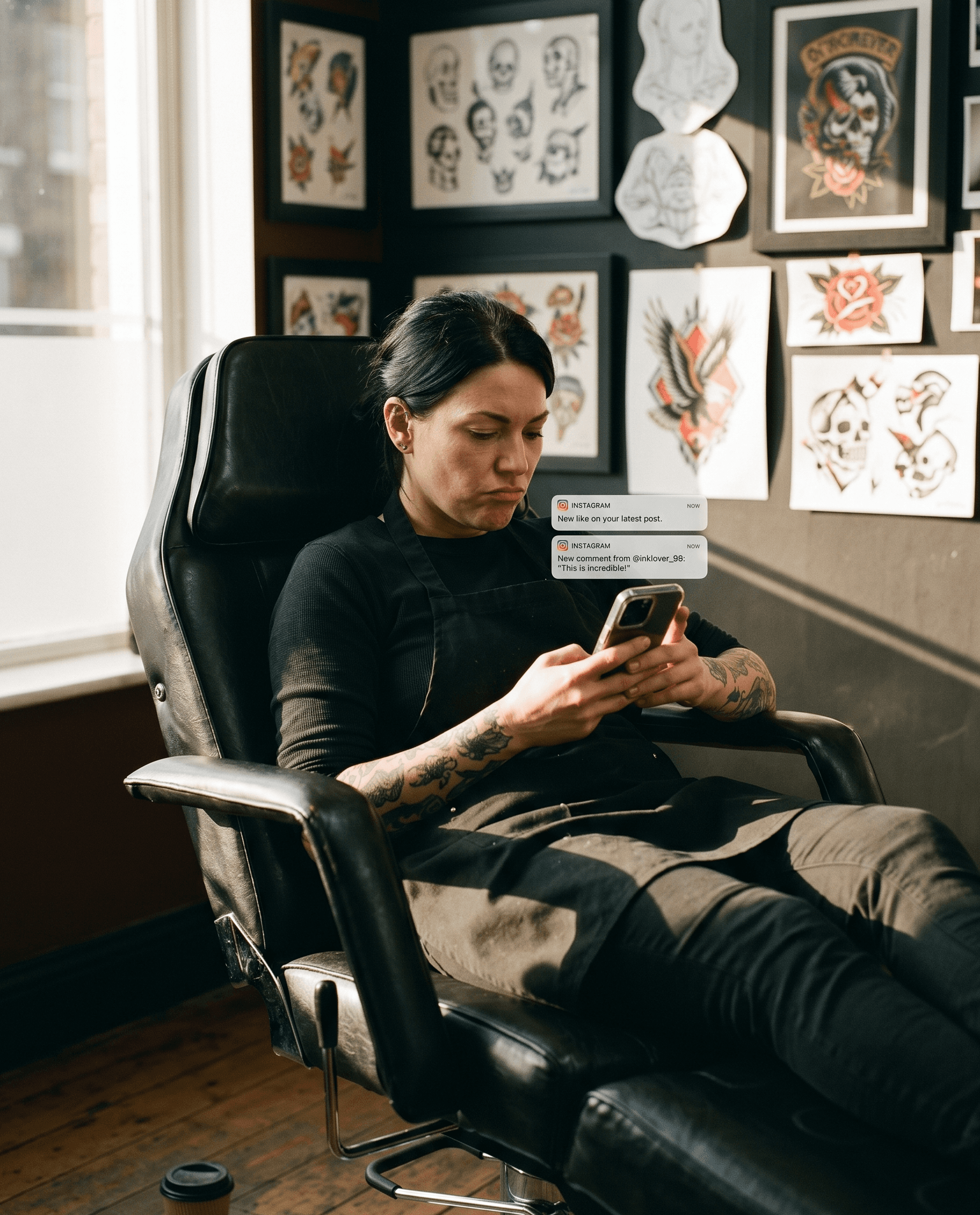 Tattoo artist sitting in their studio chair scrolling through Instagram DMs on a phone, no clients, empty chair beside them