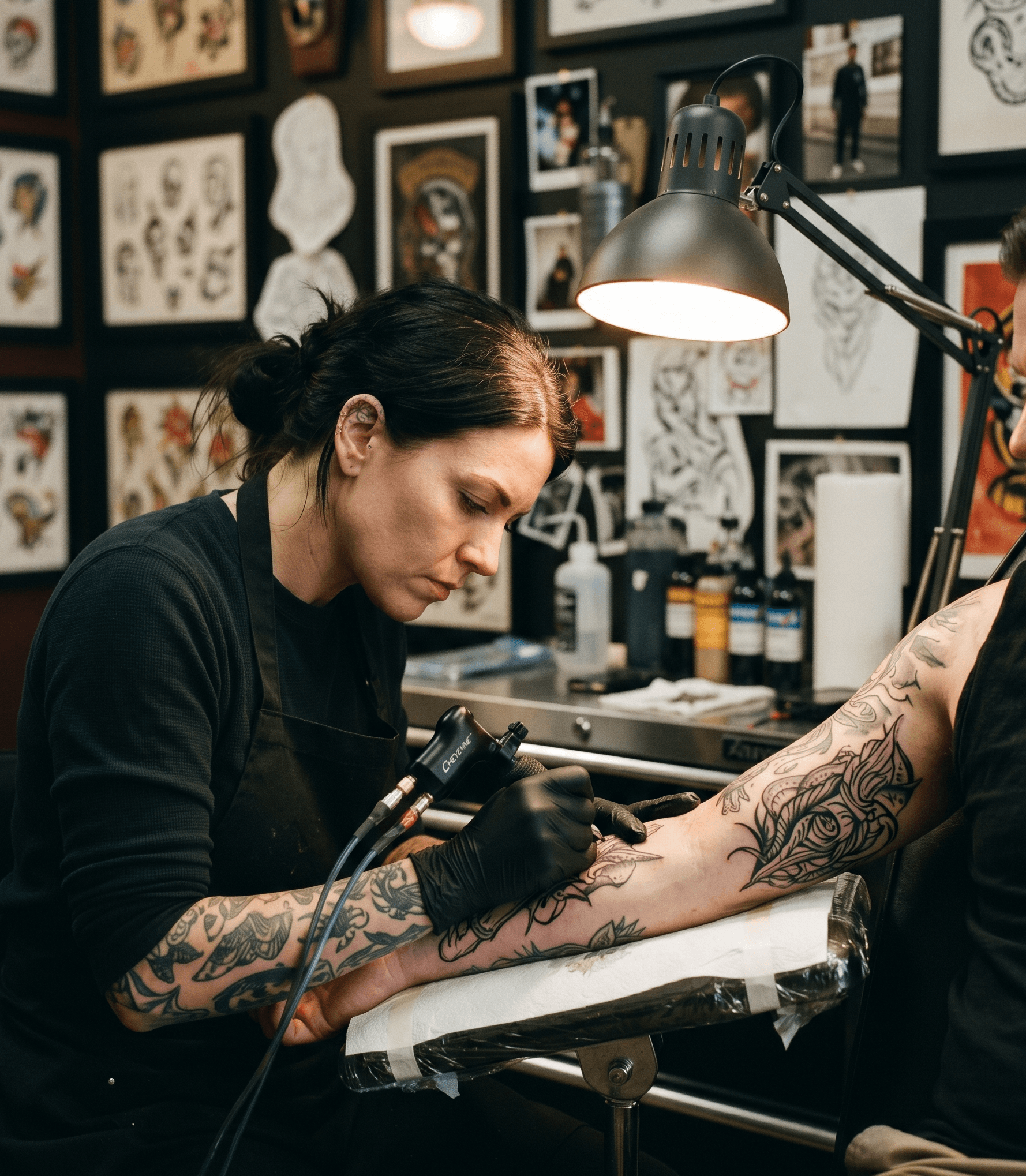 Tattoo artist tattooing a client while a phone shows a new booking notification